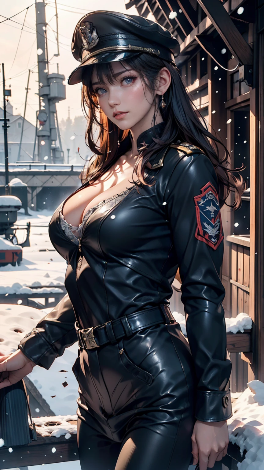 beautiful ((similar)) Lilith Building posing in (Dynamic pose) As a dieselpunk army officer in World War II, Wearing a black leather uniform that shows her cleavage、Wearing a leather military cap, Reference Photo, 最high quality, high quality, (Detailed face and eyes), dusk lighting,, Heavy makeup, industrial use, outdoor snow forest background   ((close))   