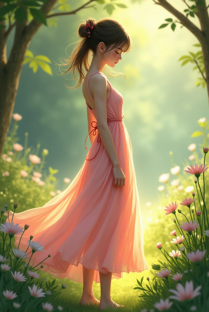 Girl in Pink Long Dress with stain 
