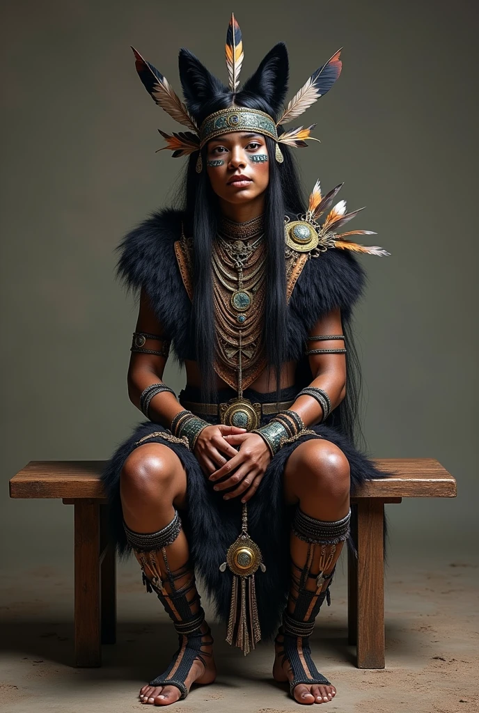 (photorealism bench cheering costume. Theme: Black wolves tribe
Base color: black
Other color: gold and silver 
Something more in traditional tribe and something that can be dIY
Just a person 
SIMPLE 
More like a indigenous people 
