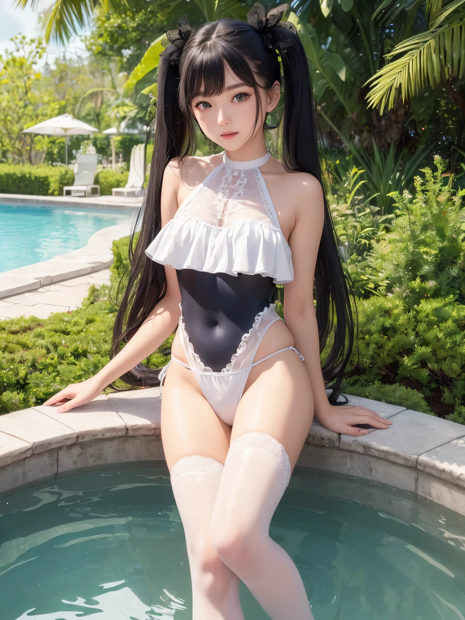 ((masterpiece)), ((highest quality、Ultra high definition)), (Very detailed),8k、Photo quality、((Amazingly cute girl)),16-year-old girl)), Two people, , (Beautiful emerald blue eyes), (smile、Small breasts),In the open-air bath overlooking the sea, Beautifully arranged black hair in twin tails、Slim Body、((Cute swimsuit with lace and frills))、Professional Lighting、(White lace knee-highore detailed and beautiful)、(More details and cutenesore realistic)、((Just wear light clothing))、Frolic in the pool、((unbelievably cute))、((A cute pose))、