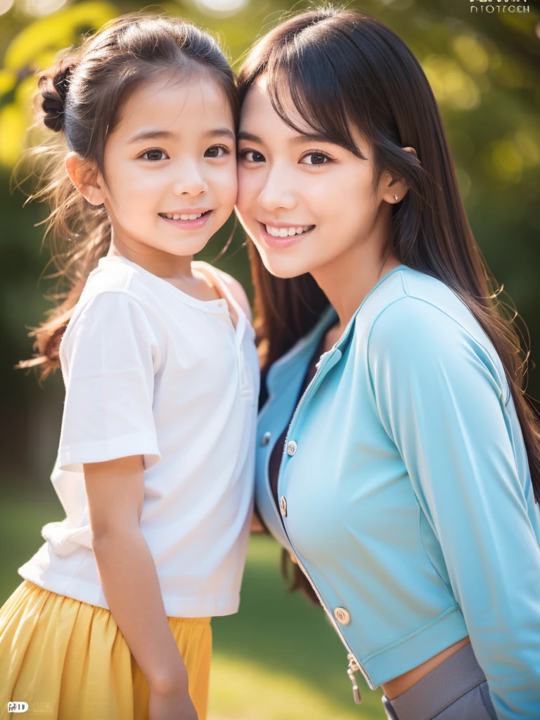 A beautiful 31-year-old mother and her adorable 6-year-old daughter are happily smiling at each other in a park.、Shirt, jacket,trousers,long hair,(best quality,8ก,height,Masterpiece:1.2),Very detailed,(realistic,photorealistic,photo-realistic:1.37),HDR,UHD,studio lighting,ภาพวาดที่Very detailed,Sharp focus,Physical rendering,คำอธิบายรายVery detailed,professional,bright colors,Bokeh, Portrait,Colorful and vibrant color tones,Soft and gentle light.Highest picture quality,ภาพrealisticเกินจริง,(8k),see full body,Anatomically correct, detailed skin, (detailed face), Very detailed and delicate eyes, Clean and shiny lips, (Very detailed:1.3), (best quality:1.3), (Masterpiece, 8k:1.3), (realistic:1.3), natural light