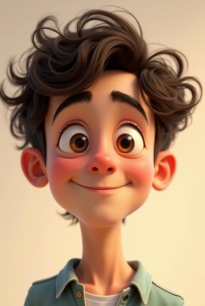 Imagine a Pixar style image, of one with curly hair and very thick eyebrows with a thin and pointed nose with brown eyes and white skin, his name is joplin