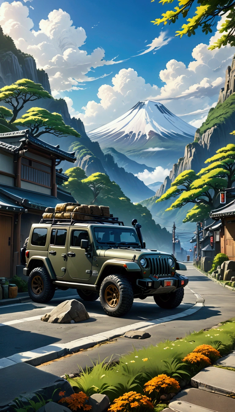 anime scenery of a jeep parked on a street with a mountain in the background, stunning art style, 8k!, jeep in background, official anime artwork, rob rey and kentaro miura style, japanese art style, traditional japanese concept art, high detailed official artwork, digital painting highly detailed, 8k high quality detailed art, makoto shinkai ( apex legends )