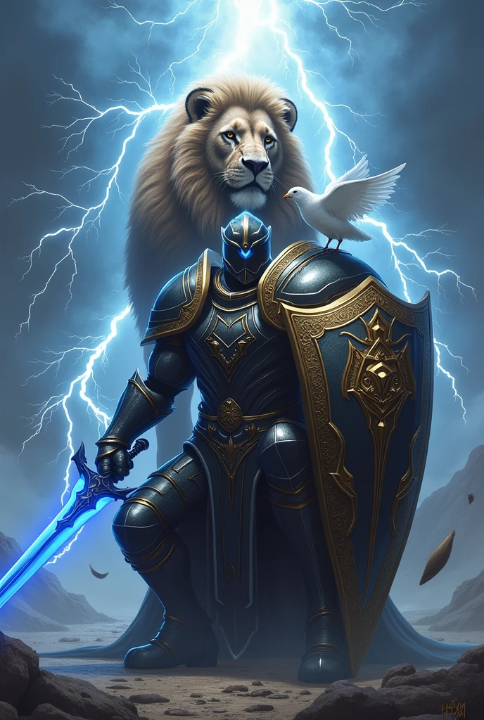 A soldier wearing an armor with a black color and golden edge, solider kneeling  down only on the right  leg,blue sword on his right hand, A golden shield on the left hand, a giant mighty lion standing behind the soldier , a lightning all over the place,a dove on the shoulder of the soldier 