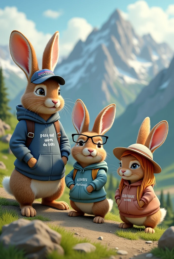 four rabbits on a mountain, two Boys and two Girls, the FIRST and largest rabbit is male and wears a cap from Patagonia. The SECOND rabbit is also male and wears a hoodie that says "Pass auf wen du liebs". The THIRD rabbit is female and a bit smaller than rabbit two, with sunglasses and long blonde hair. The FOURTH rabbit is also female and wears a sun hat and has red hair.