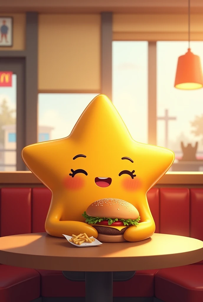 Create a cute little star at McDonald&#39;s by eating McDonald&#39;s, sitting down, glad 