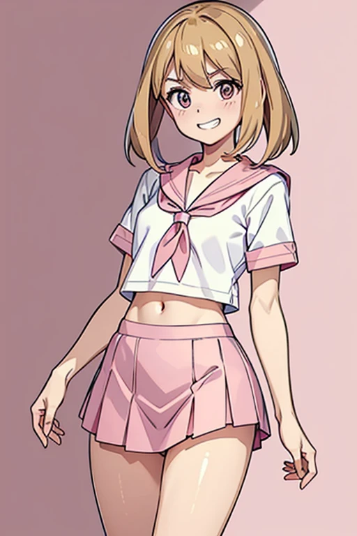 adult_may_from_pokemon, pink_Japanese_sailor_uniform, white_top_and_magenta_skirt, yellow_cloth, short_brown_hair, cute_grin, skinny_body, realistic_legs, cute, pink_background, high_resolution, 8k
