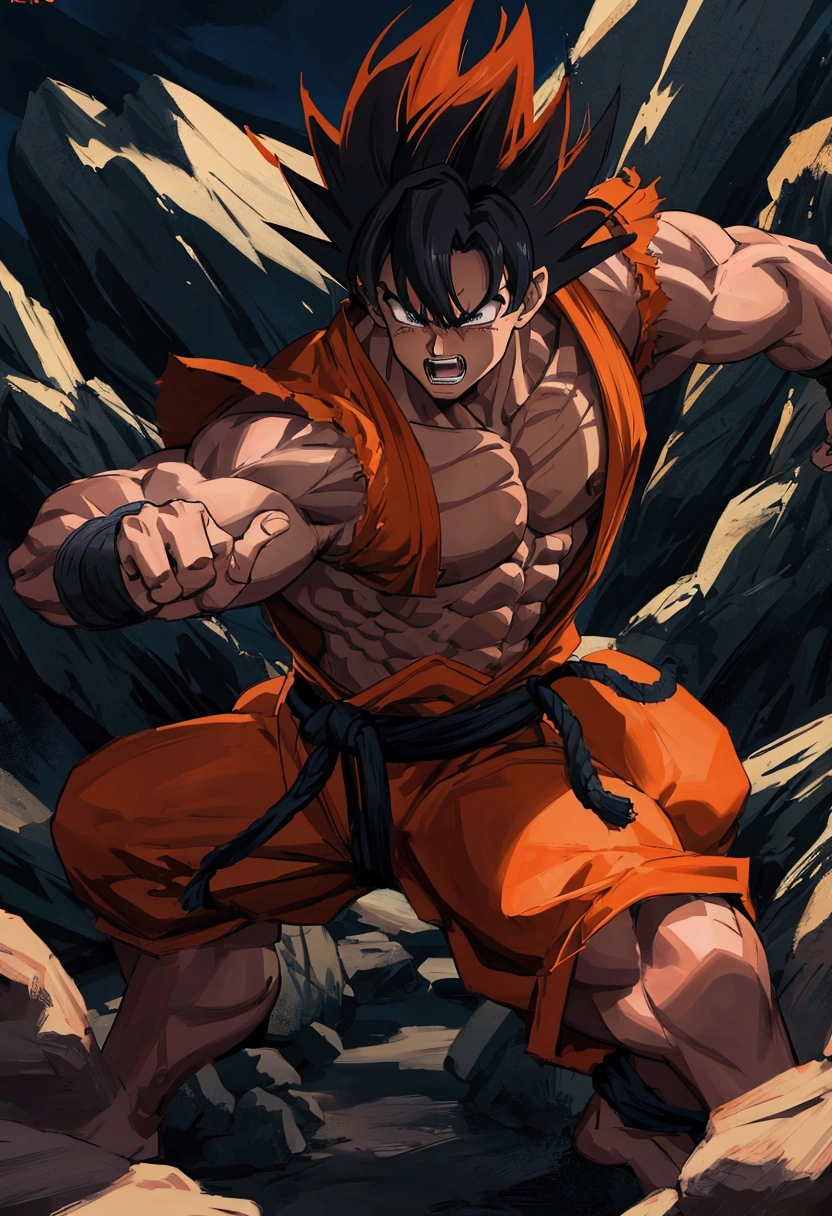 a muscular anime-inspired character, son goku, epic fighting pose, dynamic action, dramatic lighting, cinematic composition, intense energy, powerful aura, detailed facial features, piercing eyes, gritted teeth, flying hair, detailed muscular anatomy, dramatic shadows and highlights, vibrant colors, digital painting, highly detailed, cinematic, masterpiece, 8k
