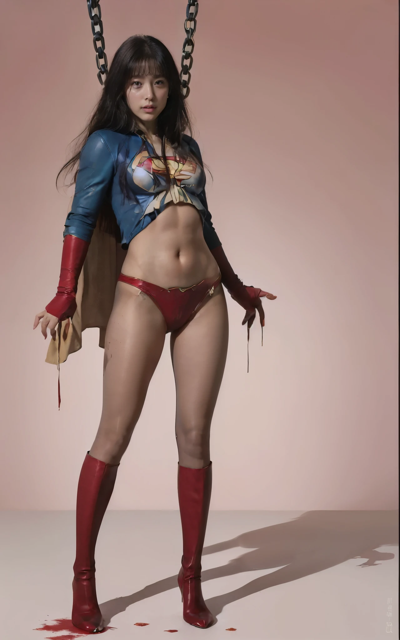 No background、(((Always close your eyes)))、(((Beautiful legs in black tights.)))、(((Legalize the beauty of your suffering face)))、((((Make the most of your original images)))、(((Supergirl Costume)))、(((Beautiful Hair)))、(((suffering)))、(((Please wear black tights....、Wear red boots)))、((Best image quality、8k))、((Highest quality、8k、masterpiece:1.3))、(((Preserve background )))、Sharp focus:1.2、Beautiful woman with perfect figure:1.4、Slim Abs:1.2、Wet body:1.5、Highly detailed face and skin texture、8k