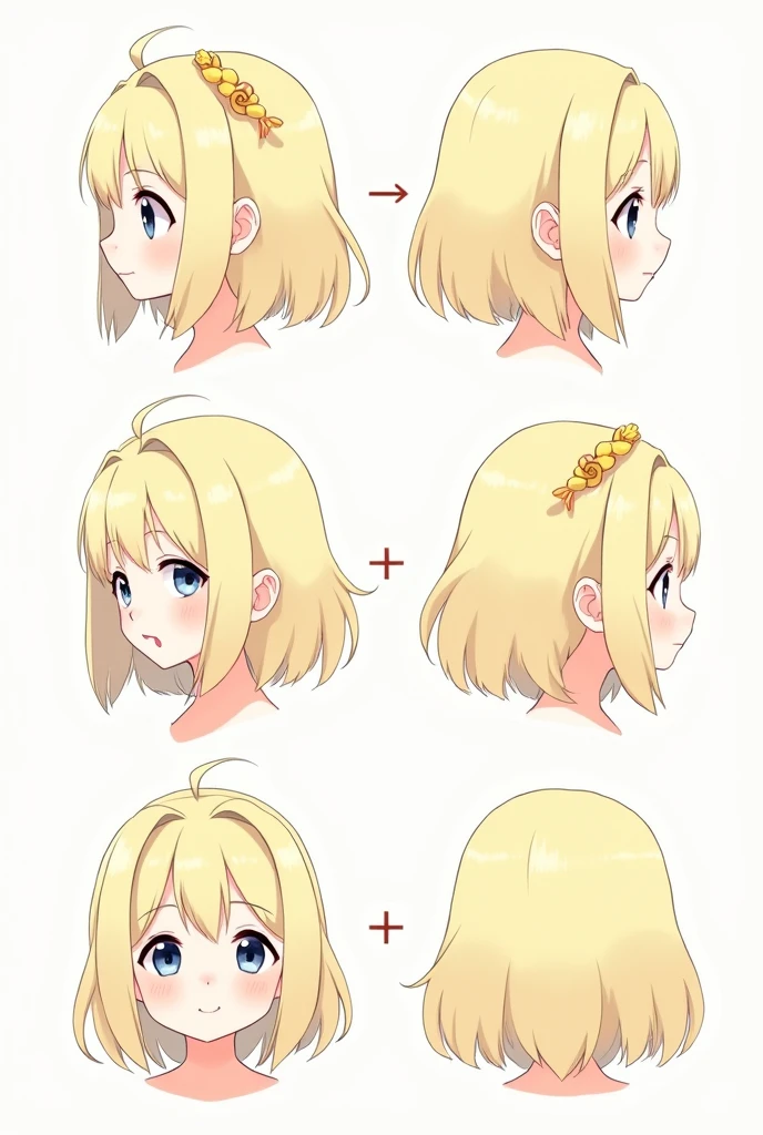(Masterpiece, best quality) details, girl, drawing refer, refer, line art, draft, Medium blonde hair, slightly messy, hair accessories (character design sheet, same character, front, side, go back)