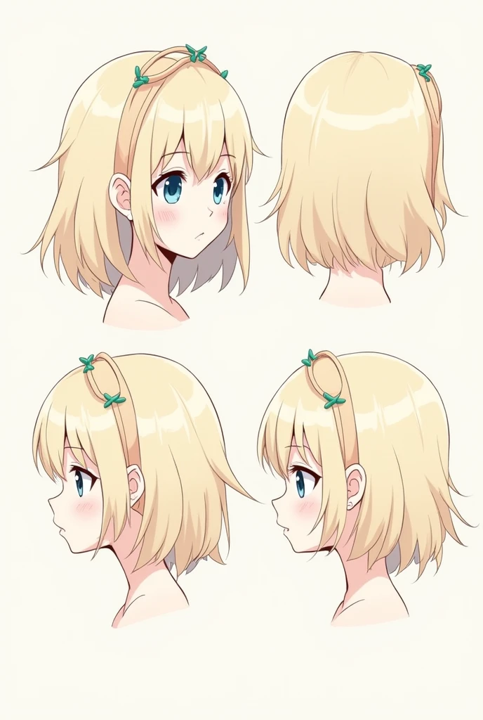 (Masterpiece, best quality) details, girl, drawing refer, refer, line art, draft, Medium blonde hair, slightly messy, hair accessories (character design sheet, same character, front, side, go back)