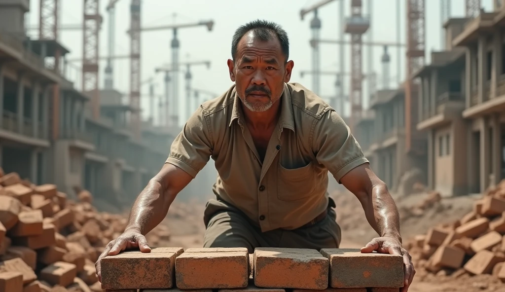 Middle-aged Chinese man moving bricks at a construction site,photore,Real Scene,Wearing sweat