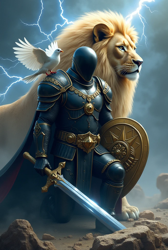 A soldier wearing an armor with a black color and golden edge, solider with no face kneeling  down only on the right  leg,blue sword on his right hand, A golden shield on the left hand, a giant mighty lion standing behind the soldier , a lightning all over the place,a dove on the shoulder of the soldier 