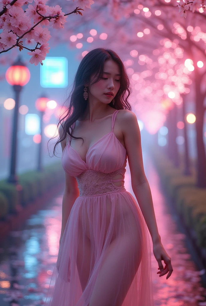 8k Beautiful Asian Woman With big tits, walking through the sakura gardens in Tokyo  with a Neon Colors behind 