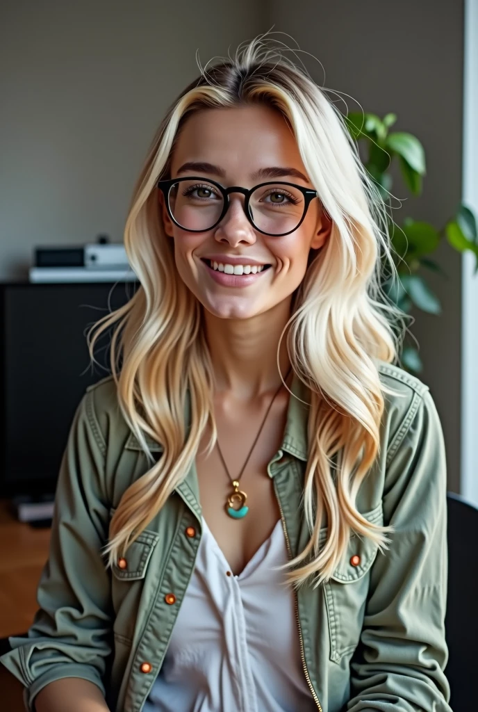 Blonde 30 year old round ish glasses tall desk computer portrait