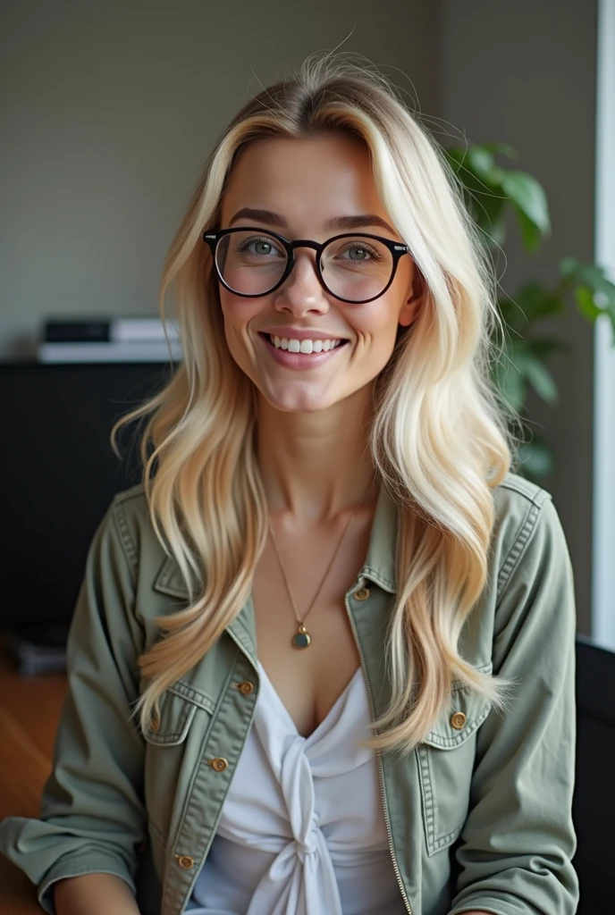 Blonde 30 year old round ish glasses tall desk computer portrait