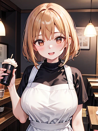 A woman wearing a black shirt,shirt with white writing, written ''Shikikan'', wearing a necklace with an iron cross around her neck, big breast, wearing a black skirt, with black shoes, wearing a bracelet with an iron cross on her wrist, blonde hair, short hair, red bangs, multicolored hair, with a face of smiling maleficent, brown eyes, standing in a cafe, holding a white cup of coffee,(solo woman), close view , masterpiece , accurate , anatomically correct , textured skin , super details , high quality , best quality, 8k, high resolution, bokeh effect.