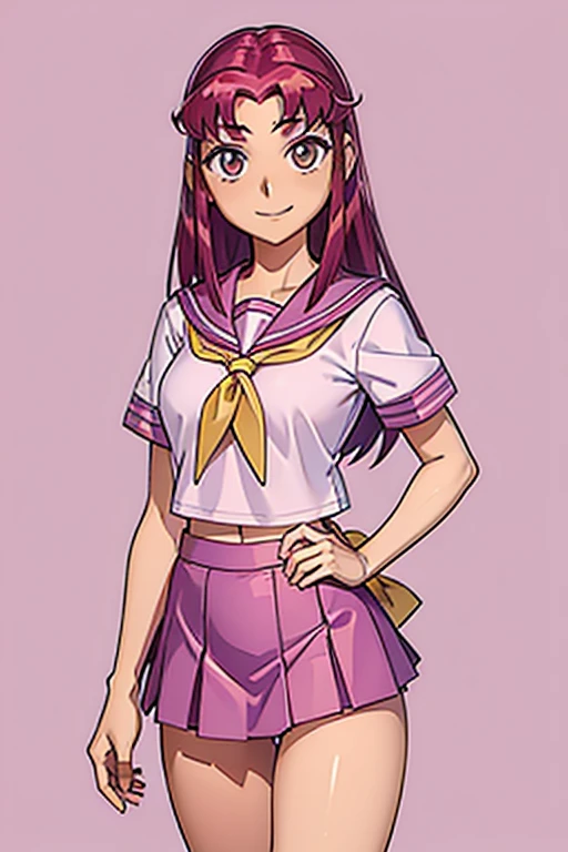 starfire, pink_Japanese_sailor_uniform, white_top_and_magenta_skirt, yellow_cloth, two_yellow_ribbons_in_hair, shiny_red_hair, cute_smile, closed_mouth, skinny_body, school, realistic_legs, high_resolution, 8k