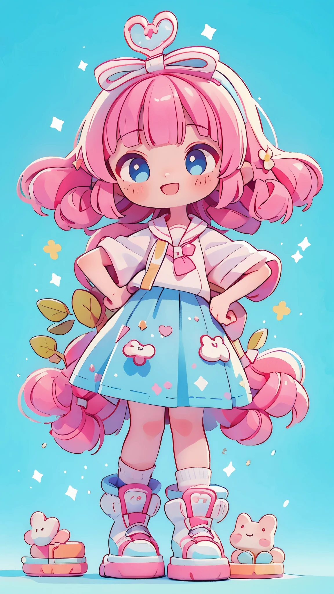 high resolution,smile,laugh,woman,woman1人,adult,Clear,cute,
((chibi)),
peace sign,
blunt bangs,wavy hair,Pink Hair,BREAK,Pink eyebrows,BREAK,
Light blue eyes,BREAK,
uniform,White shirt,BREAK,Checkered pleated skirt,BREAK,
White loose socks,White sneakers,BREAK,
Ribbon hairpin,BREAK,
Facing forward,BREAK,Light blue background,pastel colour,
