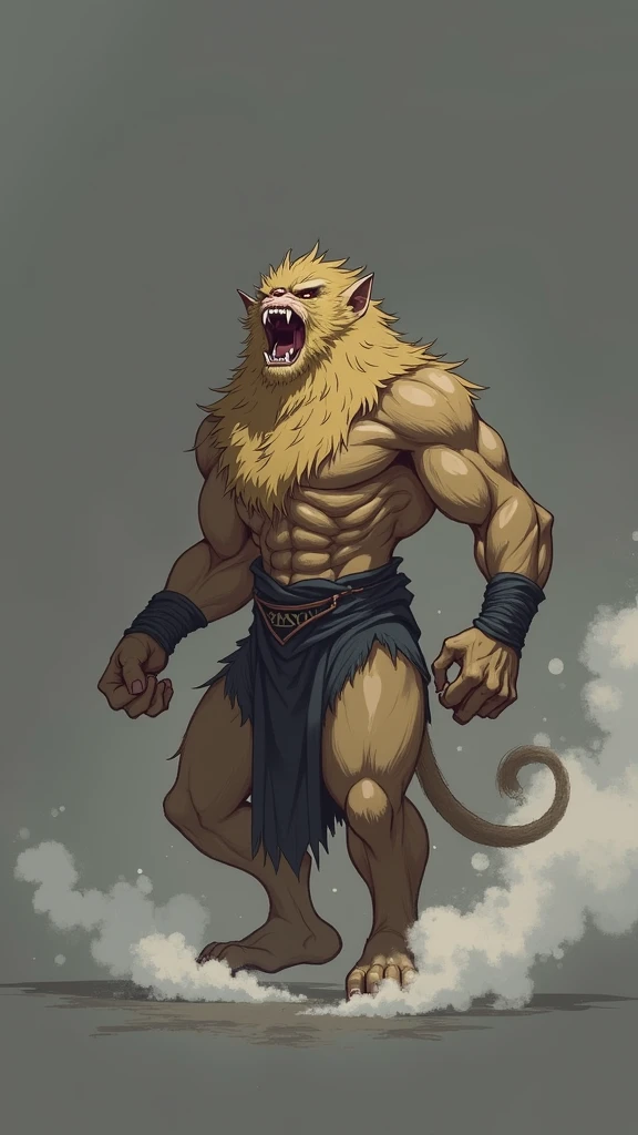 A fierce warrior with animalistic features,,anime,There are large corners on the left and right,Angry, Resembles a powerful monkey,Open your mouth,Has fangs in its mouth, He is muscular, A body covered in golden fur, With a wild mane, Golden hair and fierce, A look of determination, The background is foggy and atmospheric., Clouds and smoke swirling, Give the scene a mystical feel, Otherworldly feeling. Your color palette should include dark and muted tones,