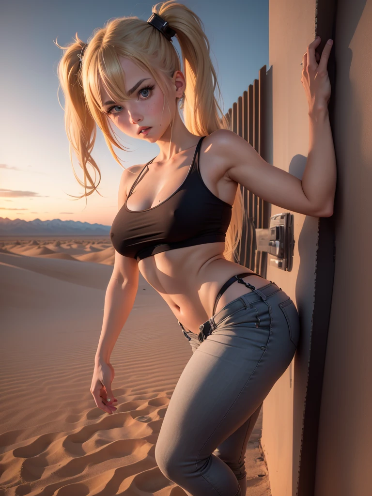 Young blonde with twin tails, 18-year-old, She was wearing tight high-cut pants and a thin tank top.. She stood defiantly against the backdrop of a post-apocalyptic world in the desert at night. The angled front camera captured the scene from a bottom-up perspective.Crotch bite、Nipples are visible