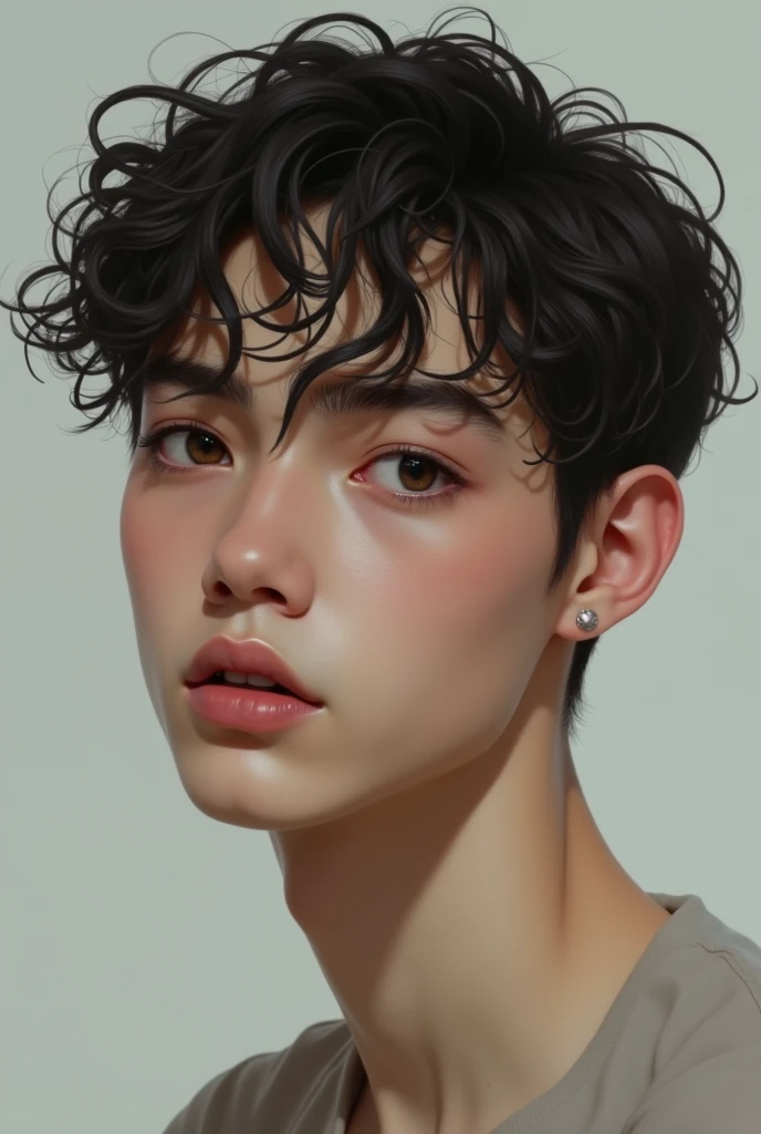 Imagine an image with high realism, of one with curly hair and very thick eyebrows with a thin and pointed nose with brown eyes and white skin, his name is joplin