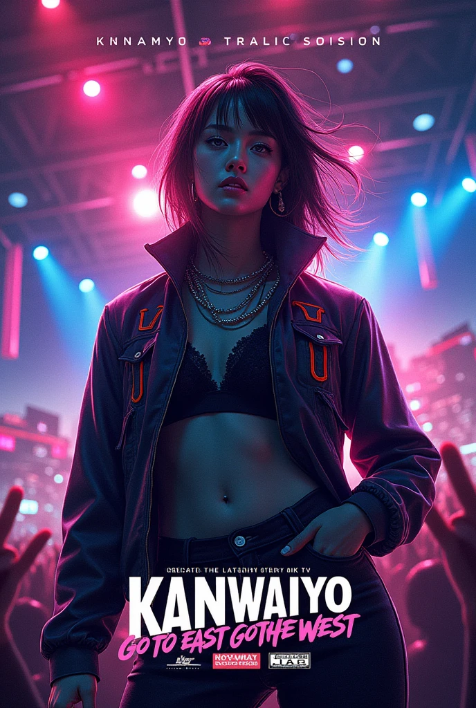 Title: Go to East, Go to West

Artist: Kanwaiyo

Front Cover
Background: Dynamic cityscape or concert scene.
Main Image: High-resolution portrait of Kanwaiyo in stylish, tour-inspired attire.
Text:
Title: 'Go to East, Go to West' in bold, modern font with neon or metallic colors.
Artist Name:  Kanwaiyo, contemporary font.
Effects: Neon or holographic textures, light bursts.
Back Cover
Background: Complementary design to the front, possibly a toned-down cityscape.
Tracklist: Clean layout with matching font.
Additional Graphics: Tour-related icons or graphics.
Barcode and Credits: Barcode in bottom corner, credits in small text.