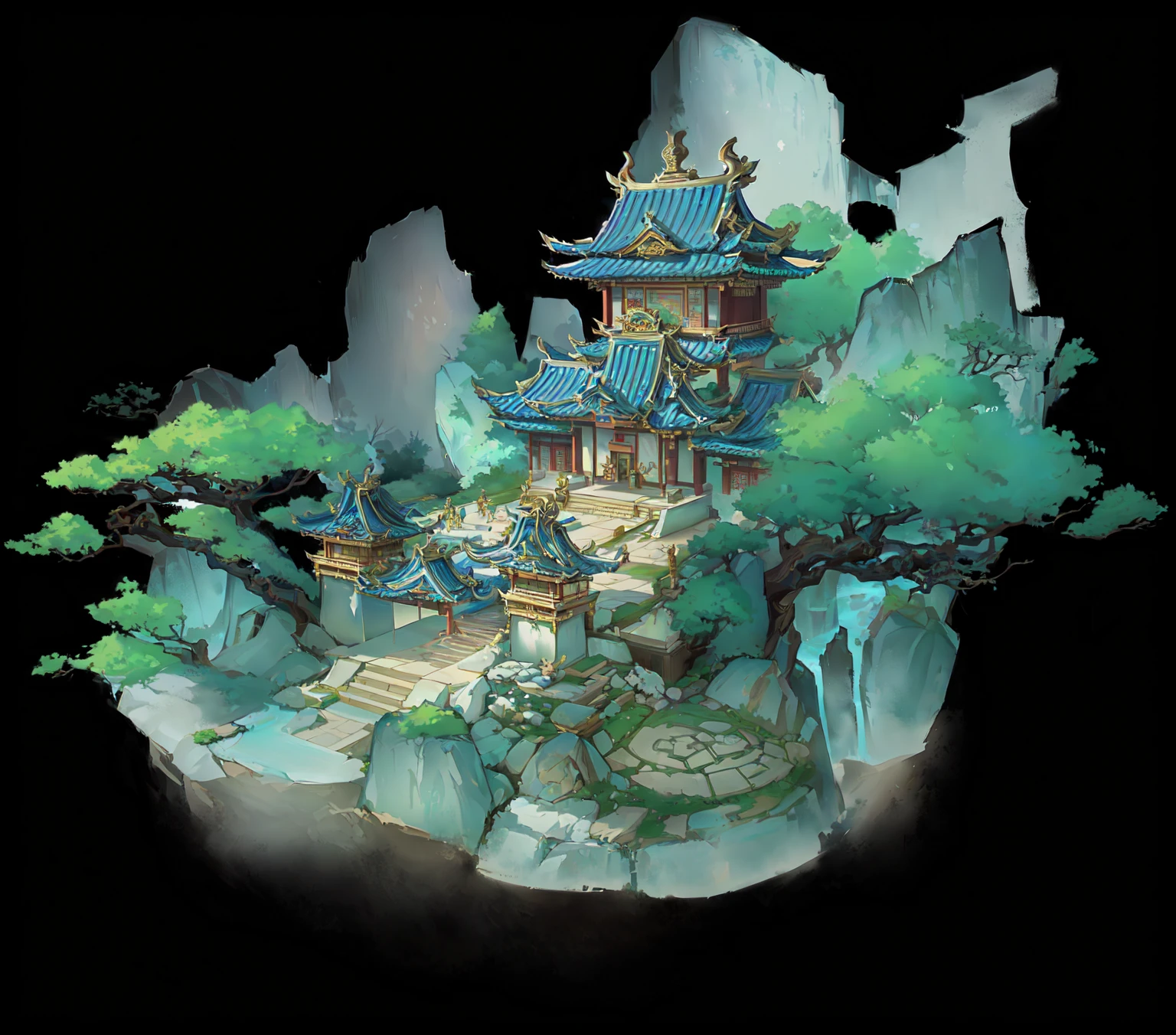 There is a cartoon picture，The painting shows a castle built on a hill。, mysterious temple setting, Temple Background, zen Temple Background, Dojo on the mountain, Onmyoji detailed art, Water Temple, Depicting the background of the temple, Draw as game concept art, stylized concept art, background technology, Pagoda Figures, Secret overgrown temple, Mythology Temple, A mysterious temple