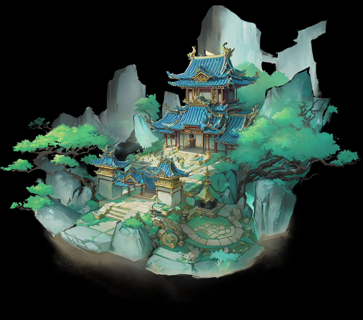 There is a cartoon picture，The painting shows a castle built on a hill。, mysterious temple setting, Temple Background, zen Temple Background, Dojo on the mountain, Onmyoji detailed art, Water Temple, Depicting the background of the temple, Draw as game concept art, stylized concept art, background technology, Pagoda Figures, Secret overgrown temple, Mythology Temple, A mysterious temple
