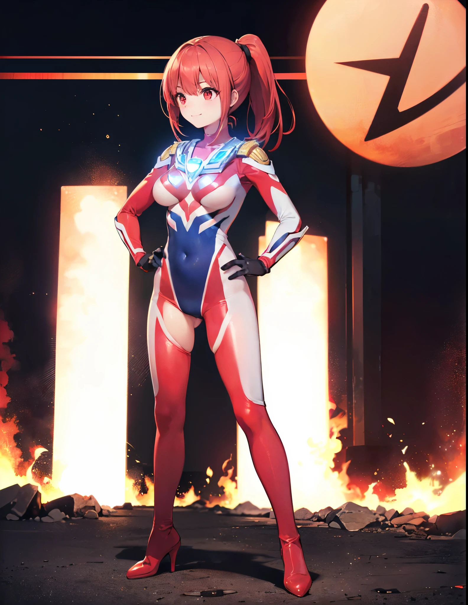 realistic,highest quality, ultra detail, High-quality CG rendering, The most delicate and beautiful, Floating gently, High resolution, (1 girl), (Highest image quality,4K,8K,masterpiece:1.2),(all red hair:1.5), (medium hair:1.5),(red eyes:1.5), (ultra girl:1.0), (red ultraman bodysuit:1.4),(slightly bigger breasts:1.5),Upper body,(clenched fist:1.2),(put both hands on hips:1.2), red gloves,red shoes,(Turn your back to your audience:1.3),butt