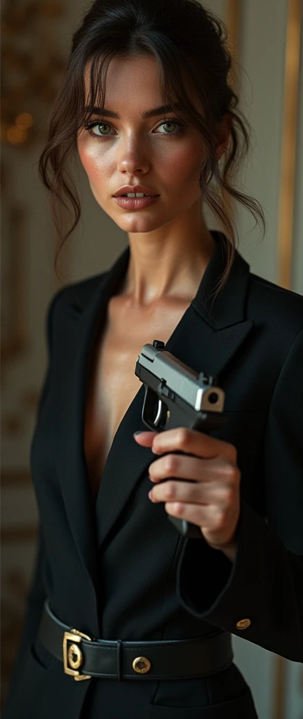 The TOMBAY WOMAN holds the pistol with a nonchalant grace, her fingers lightly caressing the gun's surface as if it were an extension of her chic ensemble. She smiles, her eyes gleaming with a hint of mischief.