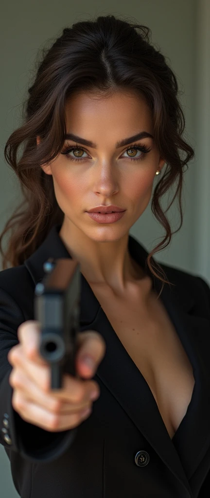 The TOMBAY WOMAN holds the pistol with a nonchalant grace, her fingers lightly caressing the gun's surface as if it were an extension of her chic ensemble. She smiles, her eyes gleaming with a hint of mischief.