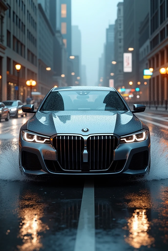Bmw ultra realistic in road in rain fall 