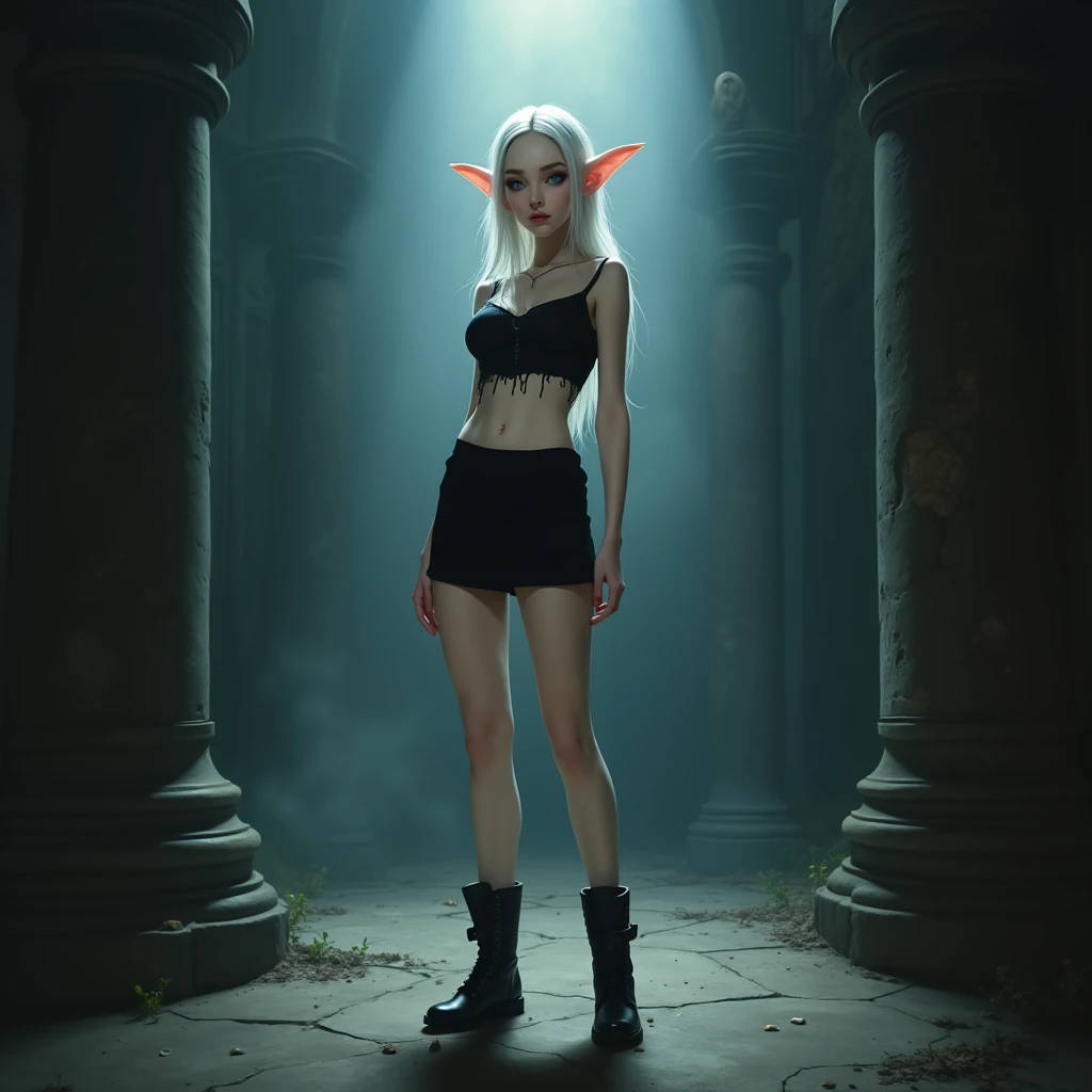 A (((full-body))), ultra-detailed, hyper-realistic, 4K masterpiece fantasy art painting, in the style of Dungeons and Dragons, of an ethereally beautiful 18-year-old elf woman. She has doll-like caucasian features and ((very pale porcelain skin)). Her large eyes are a striking blue, and she is wearing ((heavy black eye shadow)). She has a very slim ((petite body)) with long (((thin legs))). Her ((huge round breasts)) look far too large for her skinny body. She is wearing a tight crop top, an extremely short miniskirt, and black boots. She is standing, facing toward the viewer, and her (((whole body from head to toe))) is shown in the photo. The lighting is dramatic and cinematic, and her skin is slightly shiny.