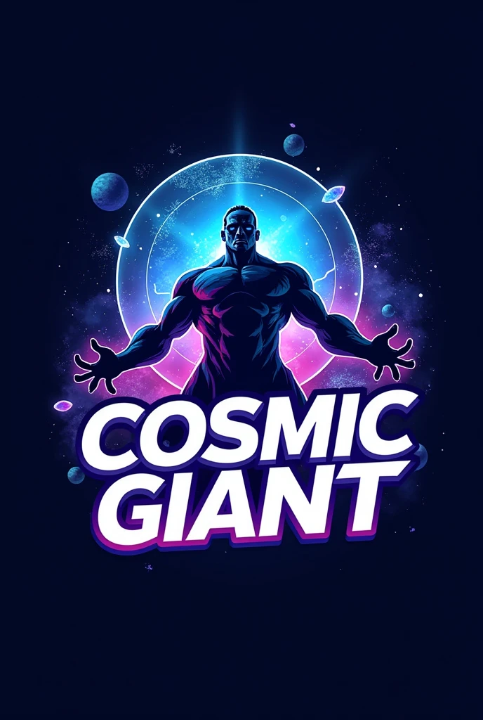 Create a logo for a YouTube channel named 'Cosmic Giant.' The logo should feature a bold and modern design that represents grandeur and impact. Use vibrant colors like deep blues, purples, and bright whites. The logo should be versatile and eye-catching, suitable for various content themes including comparison videos and editing videos." Write Cosmic Giant on it in a bold font . Replace the giant monster with something cool character which looks cool