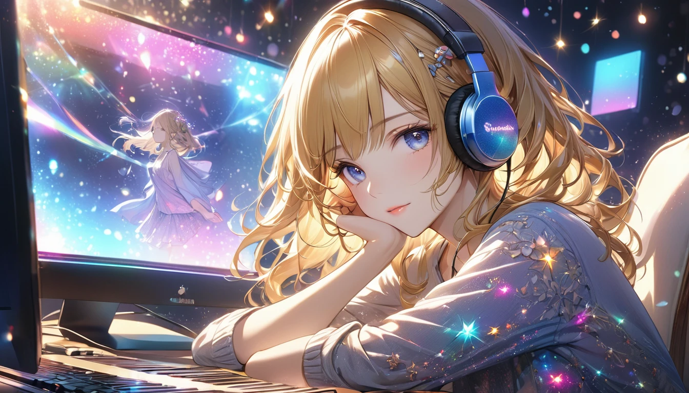 Highest quality, Intricate details, Very delicate, so beautiful, Highest quality, High Qualite, Very beautiful face, kindness, 超detailed hair, thin, cute, Perfectly symmetrical face, Upper body rest (Beautiful colors,detailed,Highest quality,Great quality,so beautiful),Lighting particles, Casual Fashion, Headphones,computer, guitar, Glitter, Golden Hair