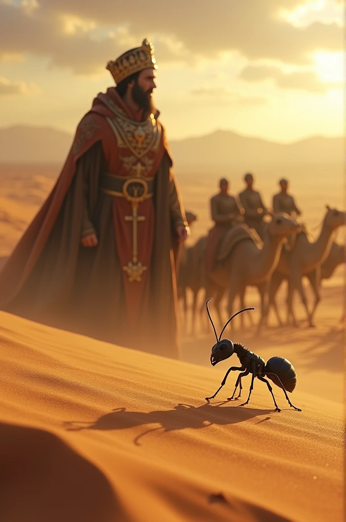 . **"Once upon a time, Prophet Suleiman (Solomon) was walking with his army when he heard a tiny voice."**
*Visual Prompt:* A wide, desert landscape with Prophet Suleiman, dressed in flowing robes, leading a majestic army of soldiers and animals. The scene focuses on the ground, with a tiny, expressive ant looking up from the sand, its mouth open as if speaking. The atmosphere is warm, with a golden afternoon glow.