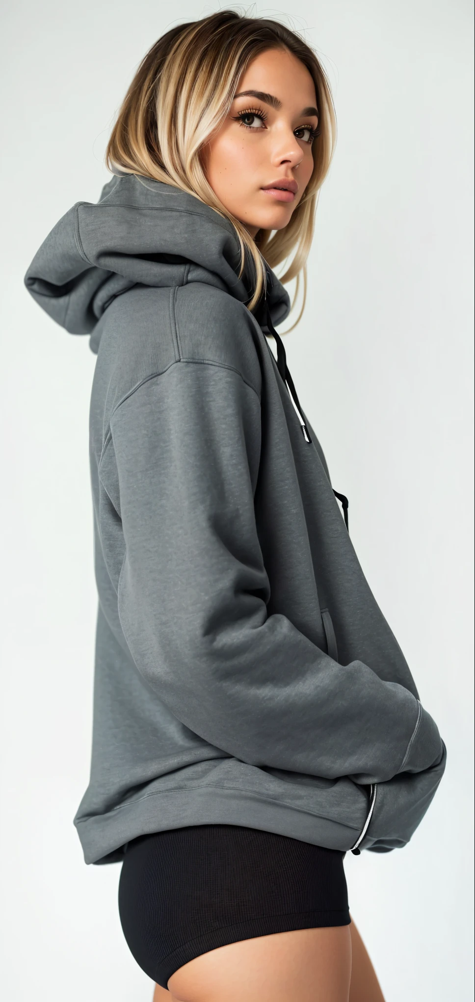 a woman in a gray hoodie and black shorts posing for a picture, girl wearing hoodie, gray hoodie, wearing hoodie, wearing an oversized hoodie, grey hoodie, oversized hoodie, in a hoodie, hodie mihi cras tibi, oversized, wearing a hoodie, hoodie, grey hoodie opened, in a black hoodie, dark grey, wearing a hoody, wearing sweatshirt