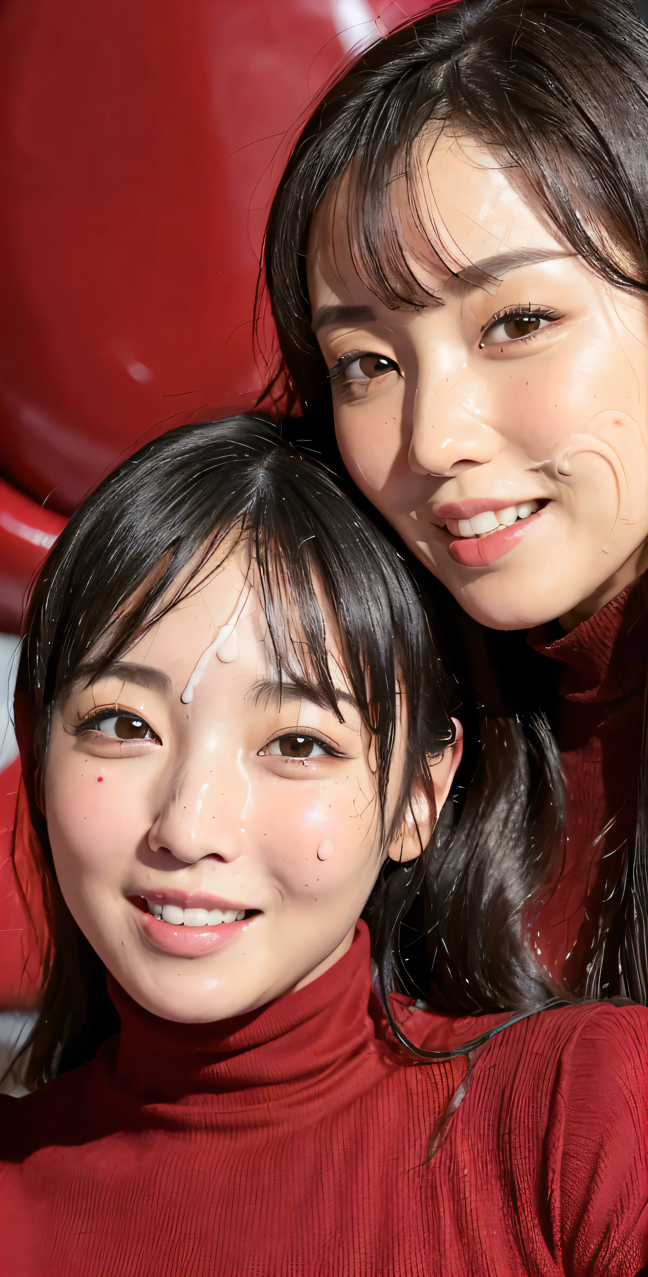 (Tabletop、Highest quality、8k、Award-winning works、Ultra-high resolution)、(Group photo of two women 1.4)、(The perfect red turtleneck:1.1)、(Smeared red turtleneck sweater:1.1)、((((Very huge  bigger than a face:1.5))))、Accentuate your body lines、very long wavy hair、Bright and shiny lipstick、(The biggest smile looks at me:1.1)、(Please smile widely and show your beautiful teeth.:1.1)、(Two women standing side by side:1.4)、Glowing Skin、(Face close-up:1.5)、(Light Pink Background:1.1)、Accurate anatomy、Ultra HD Hair、Ultra-high definition beauty face、Shining, Ultra-high resolution beautiful skin、Ultra-high resolutionの艶やかな唇、(Face covered in lots of:1.5)、(Two women facing the front:1.3)、(The body faces straight ahead:1.1)