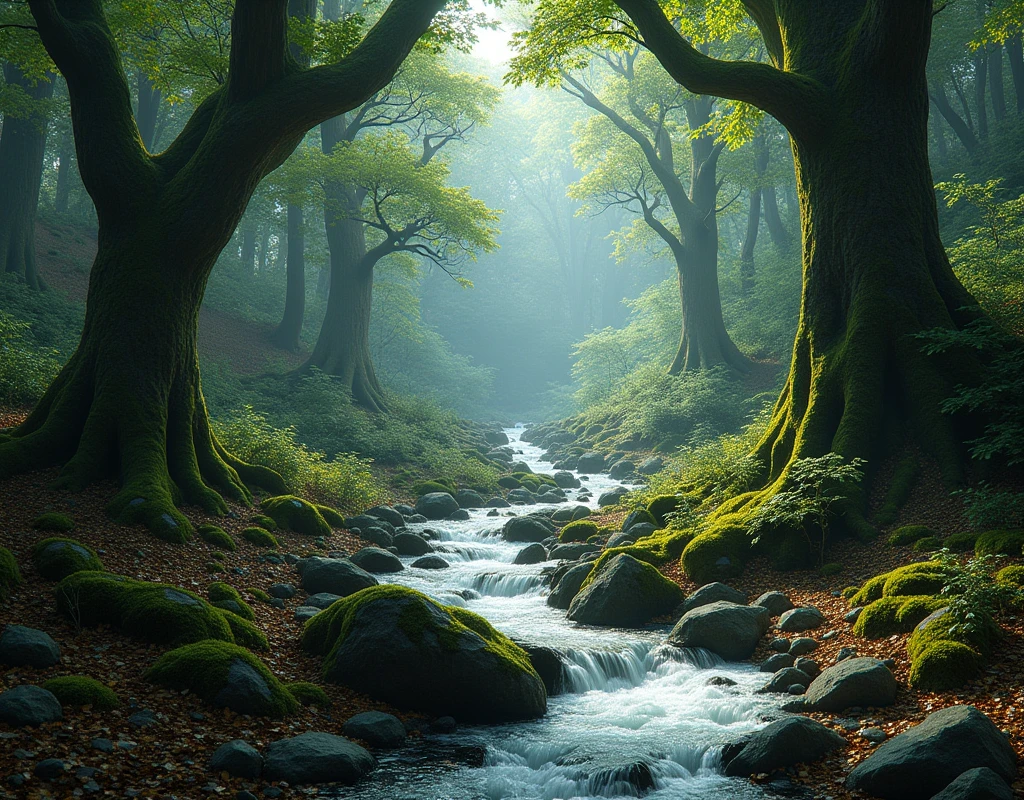 inside thick dark forest water rocks green leaves, yellow leaves, dry leaves