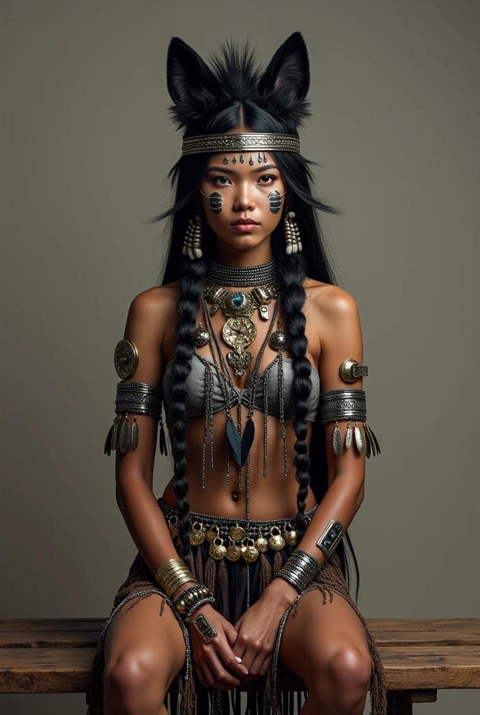 (photorealism bench cheering costume. Theme: Black wolves tribe
Base color: black
Other color: gold and silver
Something more in traditional tribe and something that can be dIY
Just a person
SIMPLE
More like a indigenous people