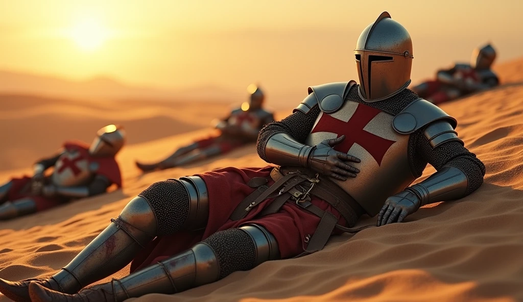 A highly realistic, high-contrast, 8K HD, detailed, hyper-detailed image of a fully armored Crusader knight lying on the desert sands, clutching his abdomen in pain after being defeated in battle. His face is hidden beneath a helmet, ensuring that no facial features are visible. The knight’s armor, adorned with the red cross emblem, is dented and stained with sand and blood. Around him, the bodies of other fallen knights are scattered across the battlefield, their armor similarly marked by the brutal combat. The desert sun is low on the horizon, casting long shadows and a harsh, unforgiving light over the scene. The atmosphere is somber and grim, capturing the pain and desperation of the fallen Crusader as he struggles in his final moments. The image is of the highest quality, with ultra-high resolution, RAW photo quality, and Unreal Engine rendering, vividly portraying the tragic and intense scene in the desolate desert.
