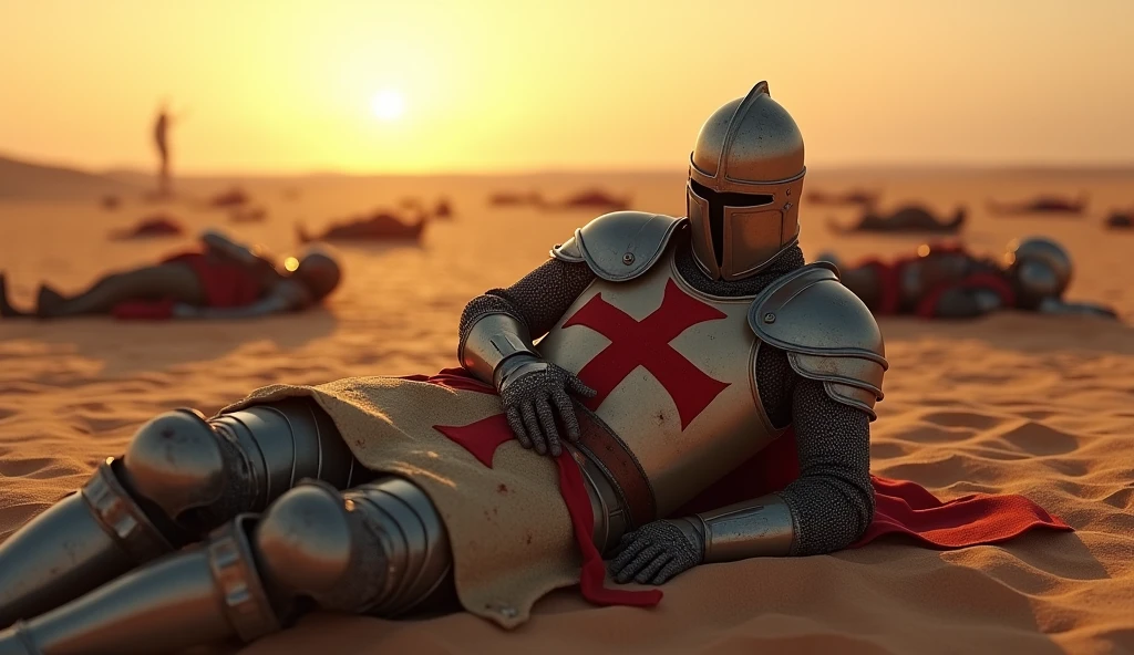 A highly realistic, high-contrast, 8K HD, detailed, hyper-detailed image of a fully armored Crusader knight lying on the desert sands, clutching his abdomen in pain after being defeated in battle. His face is hidden beneath a helmet, ensuring that no facial features are visible. The knight’s armor, adorned with the red cross emblem, is dented and stained with sand and blood. Around him, the bodies of other fallen knights are scattered across the battlefield, their armor similarly marked by the brutal combat. The desert sun is low on the horizon, casting long shadows and a harsh, unforgiving light over the scene. The atmosphere is somber and grim, capturing the pain and desperation of the fallen Crusader as he struggles in his final moments. The image is of the highest quality, with ultra-high resolution, RAW photo quality, and Unreal Engine rendering, vividly portraying the tragic and intense scene in the desolate desert.