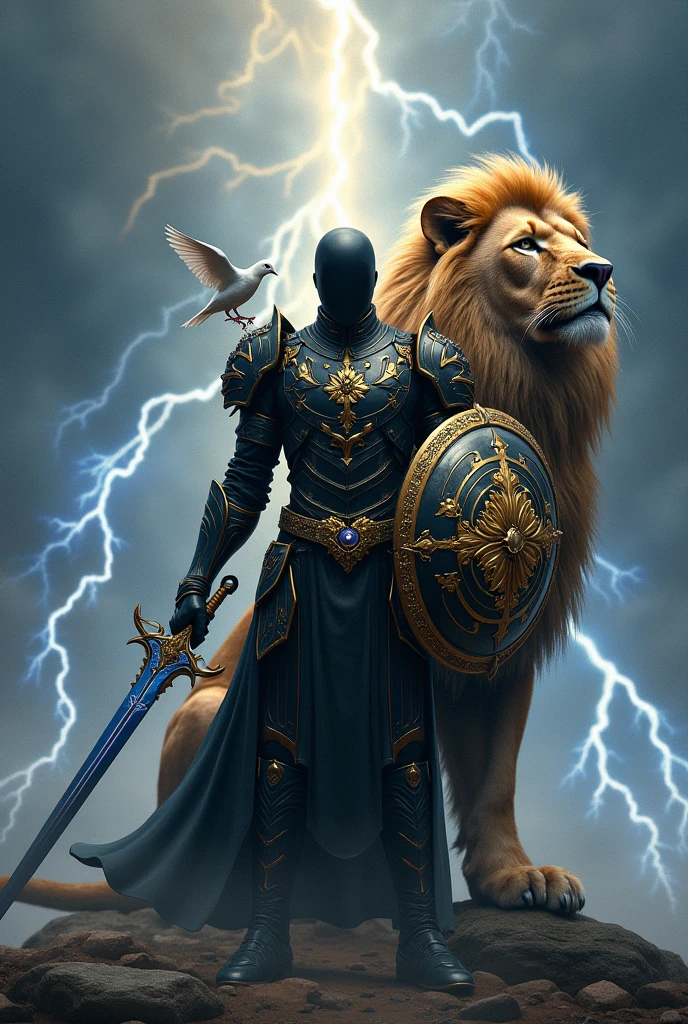 A soldier wearing an armor with a black color and golden edge, solider with no face kneeling down only on the right leg,blue sword on his right hand, A golden shield on the left hand, a giant mighty lion standing behind the soldier , a lightning all over the place,a dove on the shoulder of the soldier