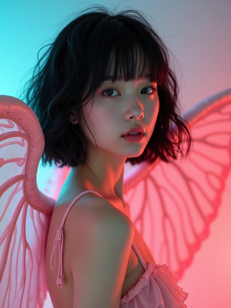 real photograph, (masterpiece), (highest quality), (Super detailed), (messy hair), (shape), one japanese girl, (chiffon frill bikini), pink Angel Wings, sitting down, Fashion Model, (simple cyaan pink red background), fine and beautiful eyes, japanese pretty faced, floating, (high color saturation), focus on face, black bob cut hair, floating Hairs, (shining), best writing, best shadow,