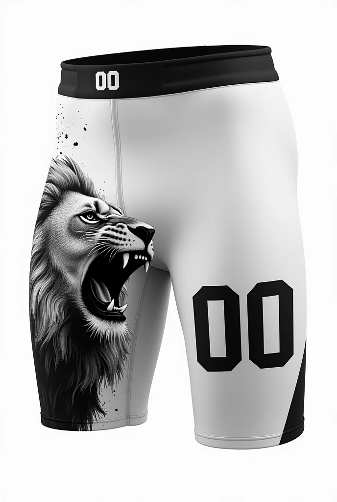 Shorts Design (Front Only):
Color: Predominantly white (at least 60% of the surface).
Design Elements:
Right Side: Include a bold "00" number on the right side of the shorts. The number should be in a sporty, eye-catching font that stands out against the white background.
Lion Design: On the left side of the shorts, create a detailed lion head facing towards the "00". The lion should be fully sideways, roaring, and in pure black. The design should be powerful and dynamic, with attention to detail in the mane, facial features, and expression.
Space for Logo: Leave space near the waistband or above the lion for a logo. The area should be clear and unobstructed, ensuring that a logo can be easily added without disrupting the overall design.
Overall Layout:
The design should be balanced, with the "00" number and lion creating a cohesive and striking appearance. The space for the logo should be placed thoughtfully, complementing the other design elements while maintaining a clean and organized look.