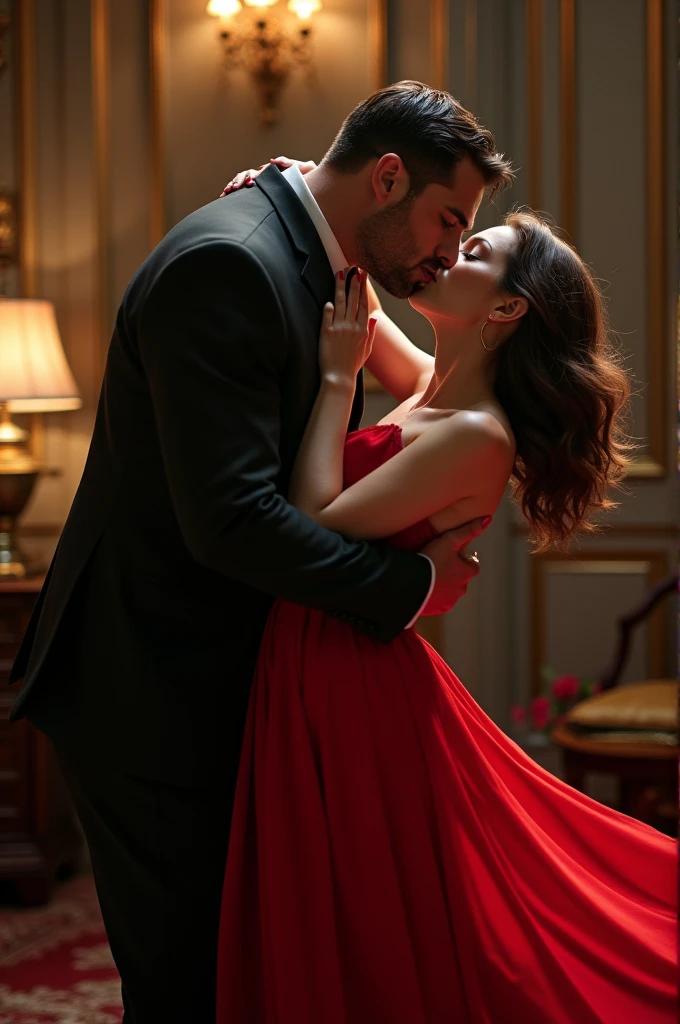 Billionaire boss in black suit holding her innocent beautiful secretary in red gown in his lap grabbing her chin to kiss.