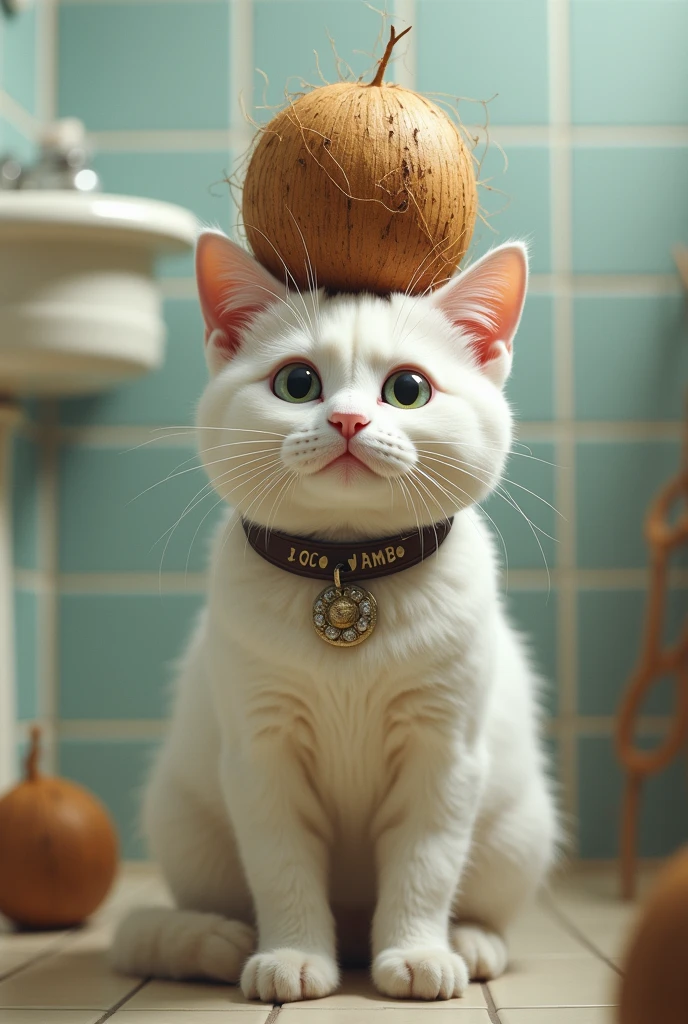 White Cat, in the toilet, in a collar with the inscription cocojambo, with a coconut on his head