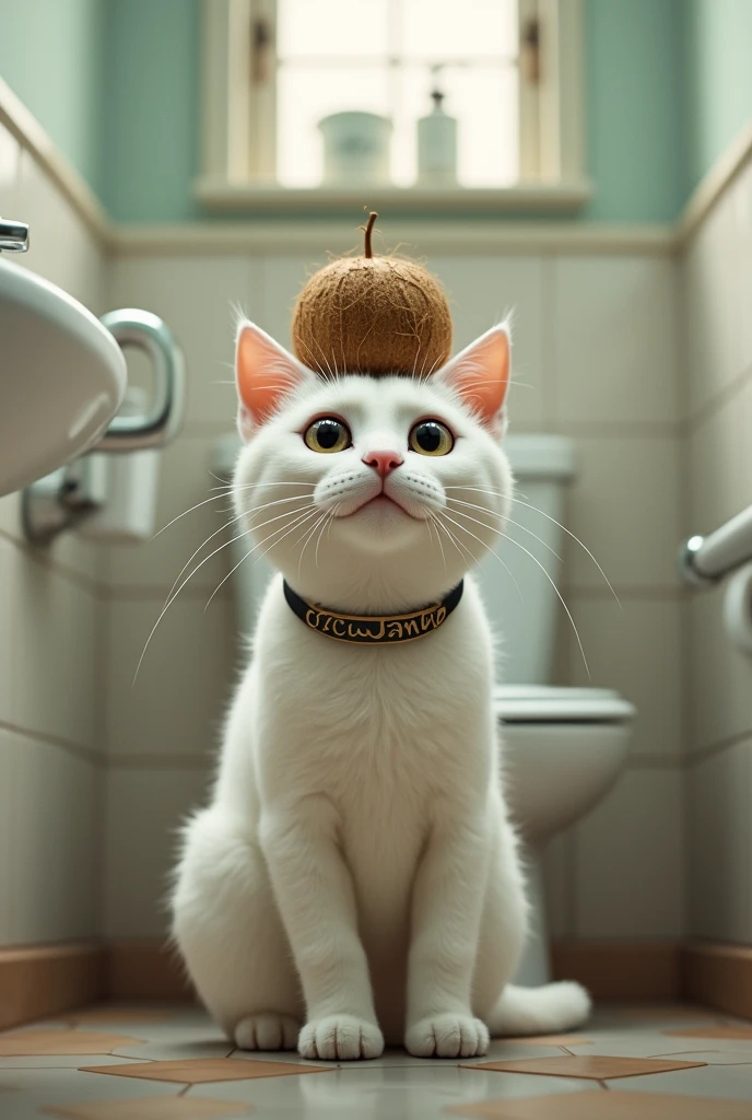 White Cat, in the toilet, in a collar with the inscription cocojambo, with a coconut on his head