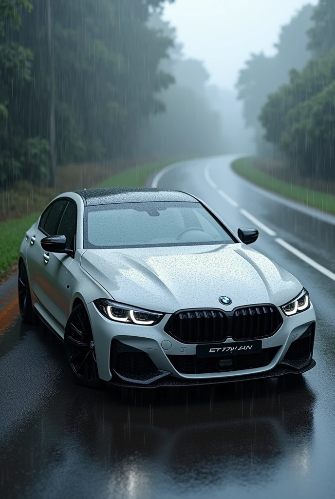 Bmw white colour ultra realistic in road in rain fall